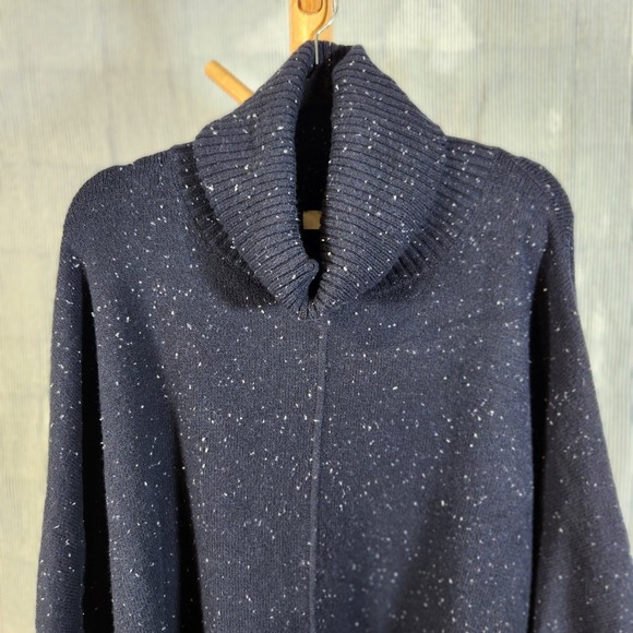 LOFT $80 XL Navy Speckled Cowl Neck Wool Blend Sleeved Oversized Poncho Sweater - Picture 4 of 7